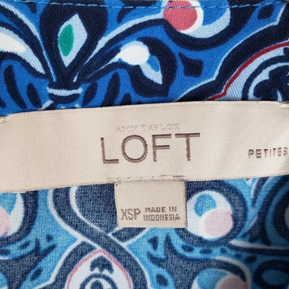 Loft Long Sleeve Shift Dress Blue Mod Retro Tile Print Size XSP XSmall Petite - Picture 7 of 9